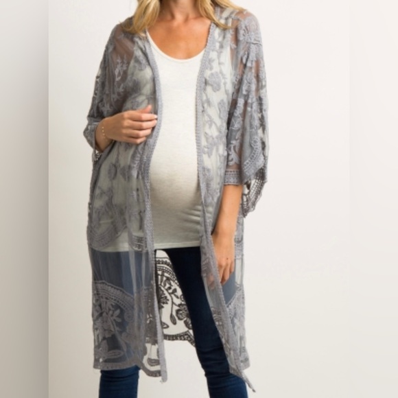 Pinkblush Sweaters - PINKBLUSH Grey Embroidered Crochet Mesh Kimono